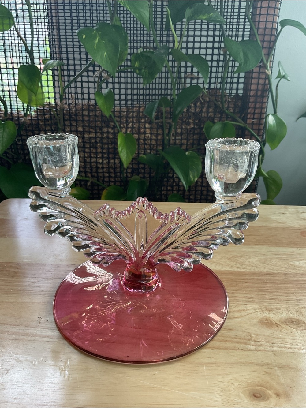 Vintage Handblown Pink Glass Double Candle Holder - Elegant Home Accent